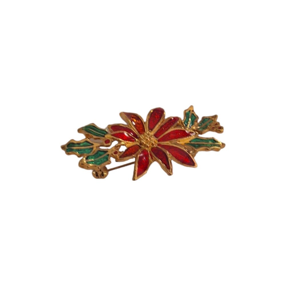 Christmas Poinsettia Red and Green Sparkly Enamel Holiday Brooch